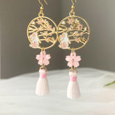 Pink Cherry Blossom Bunny Earrings - Japanese Sakura Tassel Earrings - Pink Cherry Blossom Floral Earrings Dangle